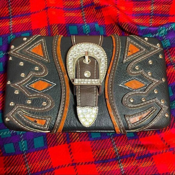 Western style Cowgirl snap shut clutch brown black and bling - Picture 1 of 3
